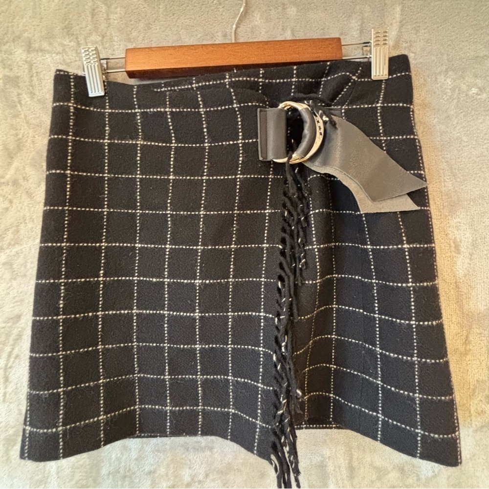 RalphLauren 100%Wool Mini Skirt Leather/Buckle/Fringe Sz 4 Grunge Y2K Classic